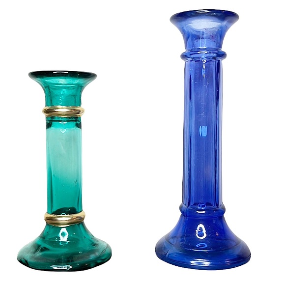 Vintage glass candlesticks colbalt and teal